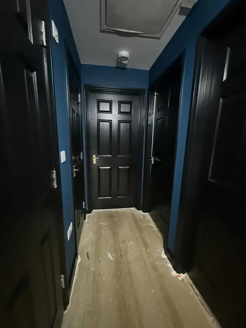 Dark blue hallway with black doors during decorating