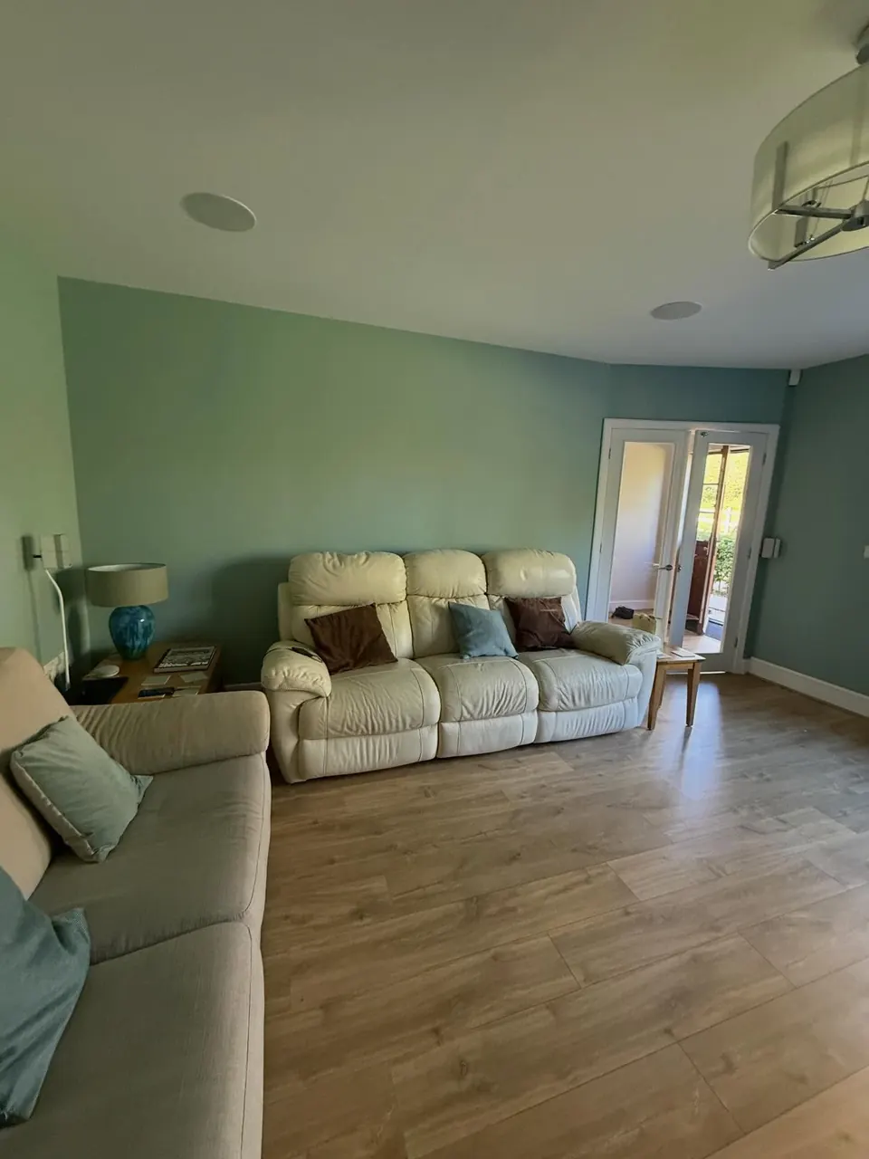 Living room painted pale sage green