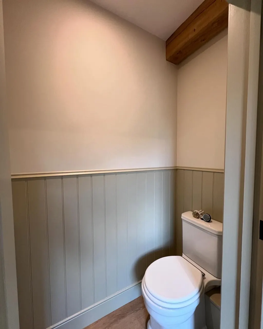 Painted wall panelling and dado rail in a downstairs toilet