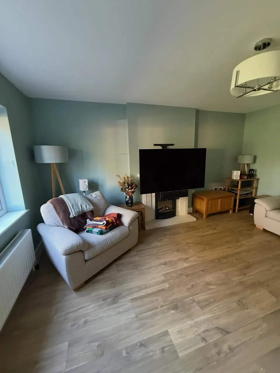 Living room painted in a muted green-grey