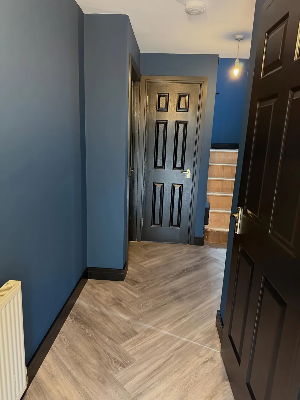 Deep blue hallway with black painted doors