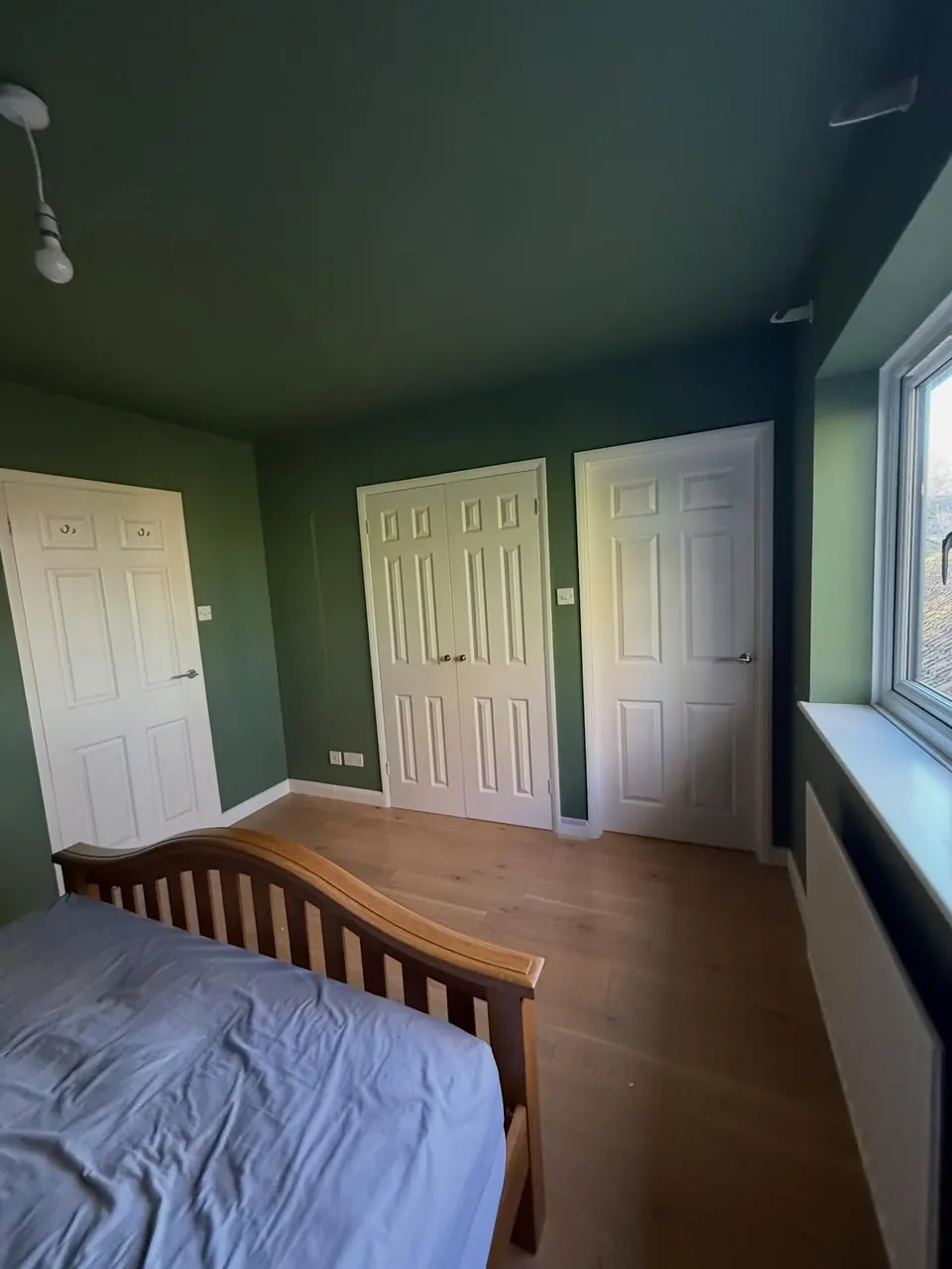 Green bedroom with white doors after interior painting