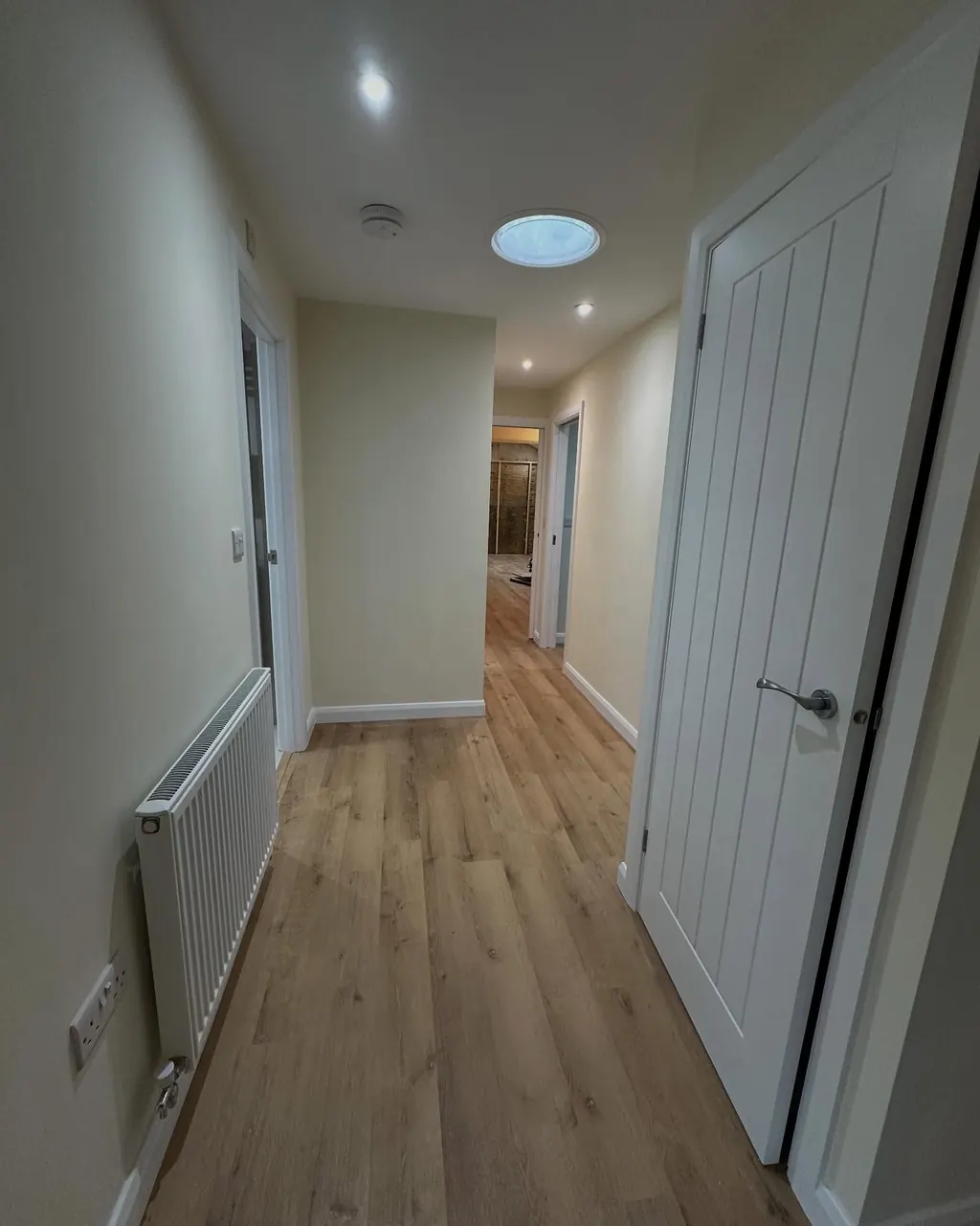 Painted hallway with white doors and skirting