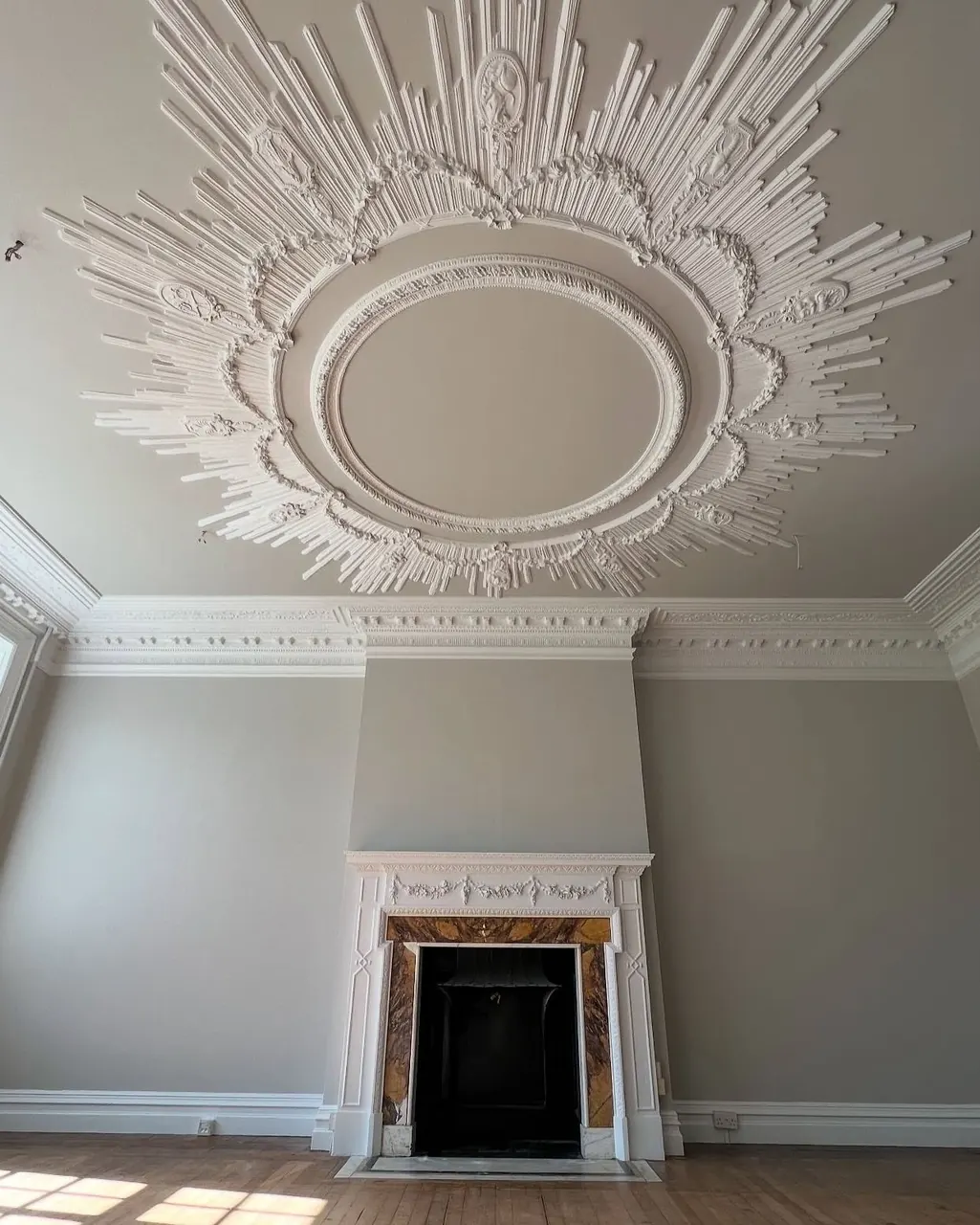 Ornate ceiling rose and coving painted in a period room